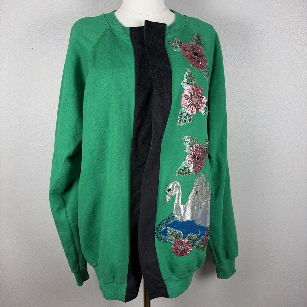 Vintage 80s Handmade Sweatshirt Cardigan Size XL Painted Flowers Swan Green USA